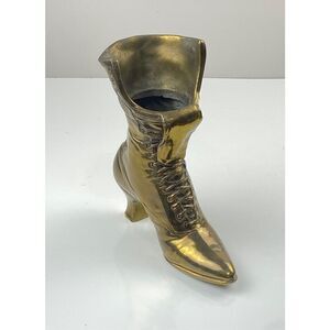 Vintage 9.5" Brass Lace Up Boot Ladies Shoe Planter Vase Doorstop Mid-Century EA